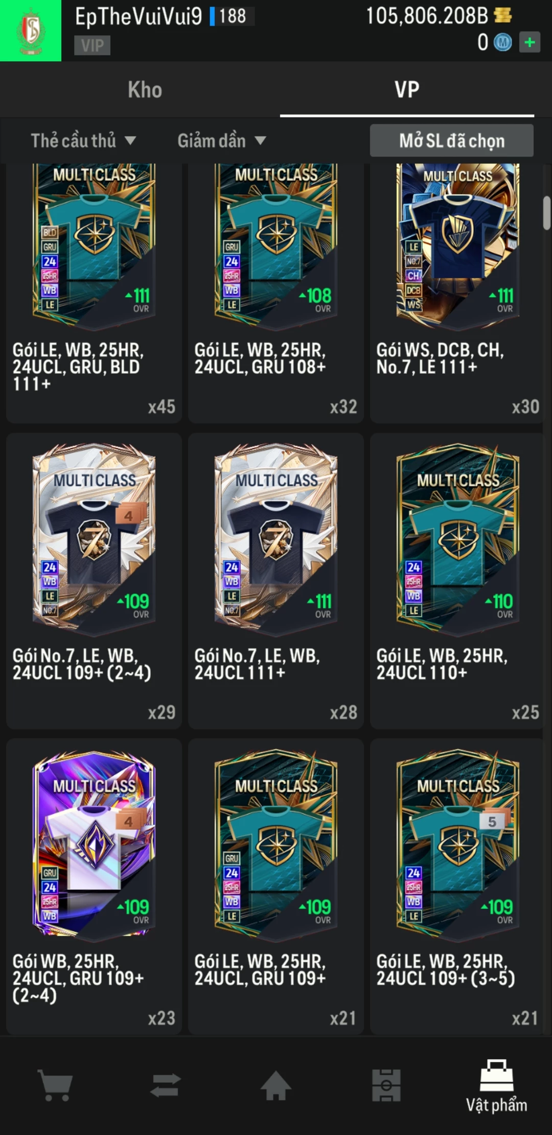 Ảnh ACC mở thẻ (LOẠI SVIP PROMAX) bao gồm có 01 thẻ +12, 03 thẻ PRIME (QH+, CP+, XS+) và hơn 1500+ đến 1600+ thẻ cầu thủ từ Siêu sao đến Miền núi các loại. Acc có sẵn BP trắng từ 90.000 tỷ BP đến 110.000 tỷ BP kèm theo nhiều ngày SVIP